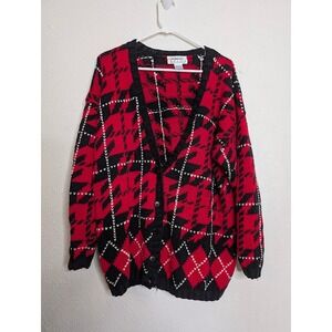 IZOD Mens Vintage Red Plaid Grandpa Knit Cardigan Sweater Size Large Hand Knit